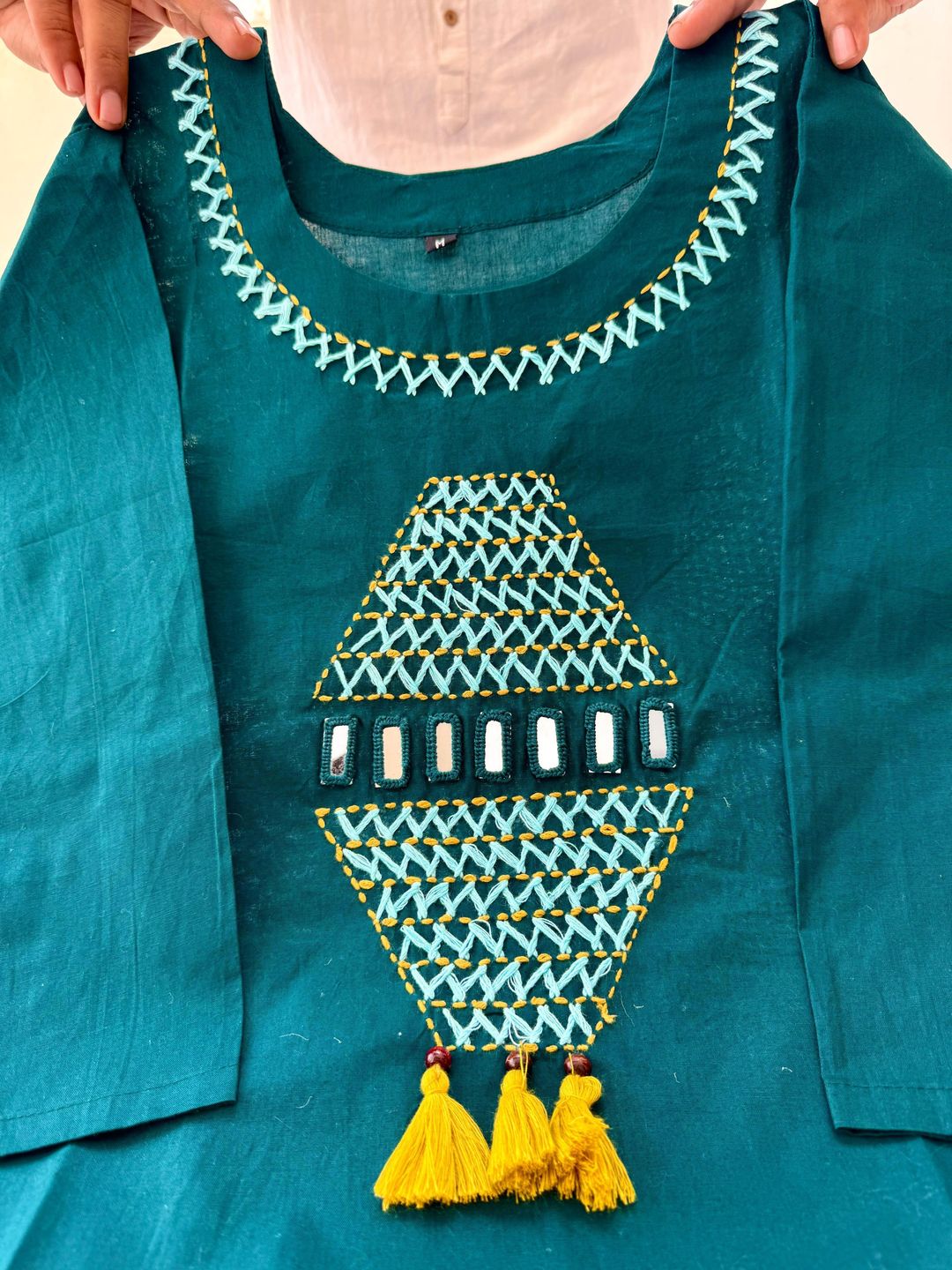Teal Cotton A-Line Kurti Pant Set with Handwork