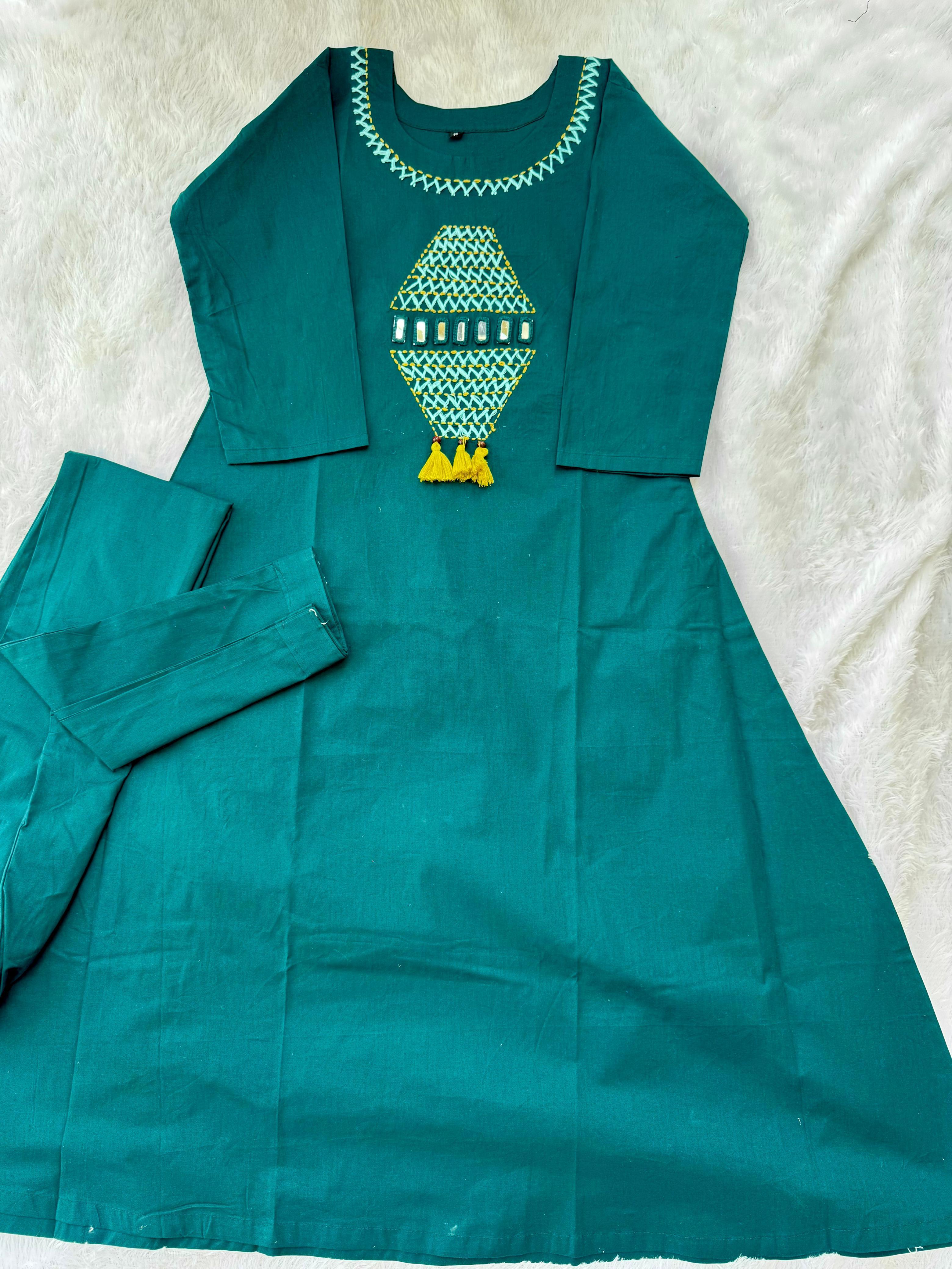 Teal Cotton A-Line Kurti Pant Set with Handwork