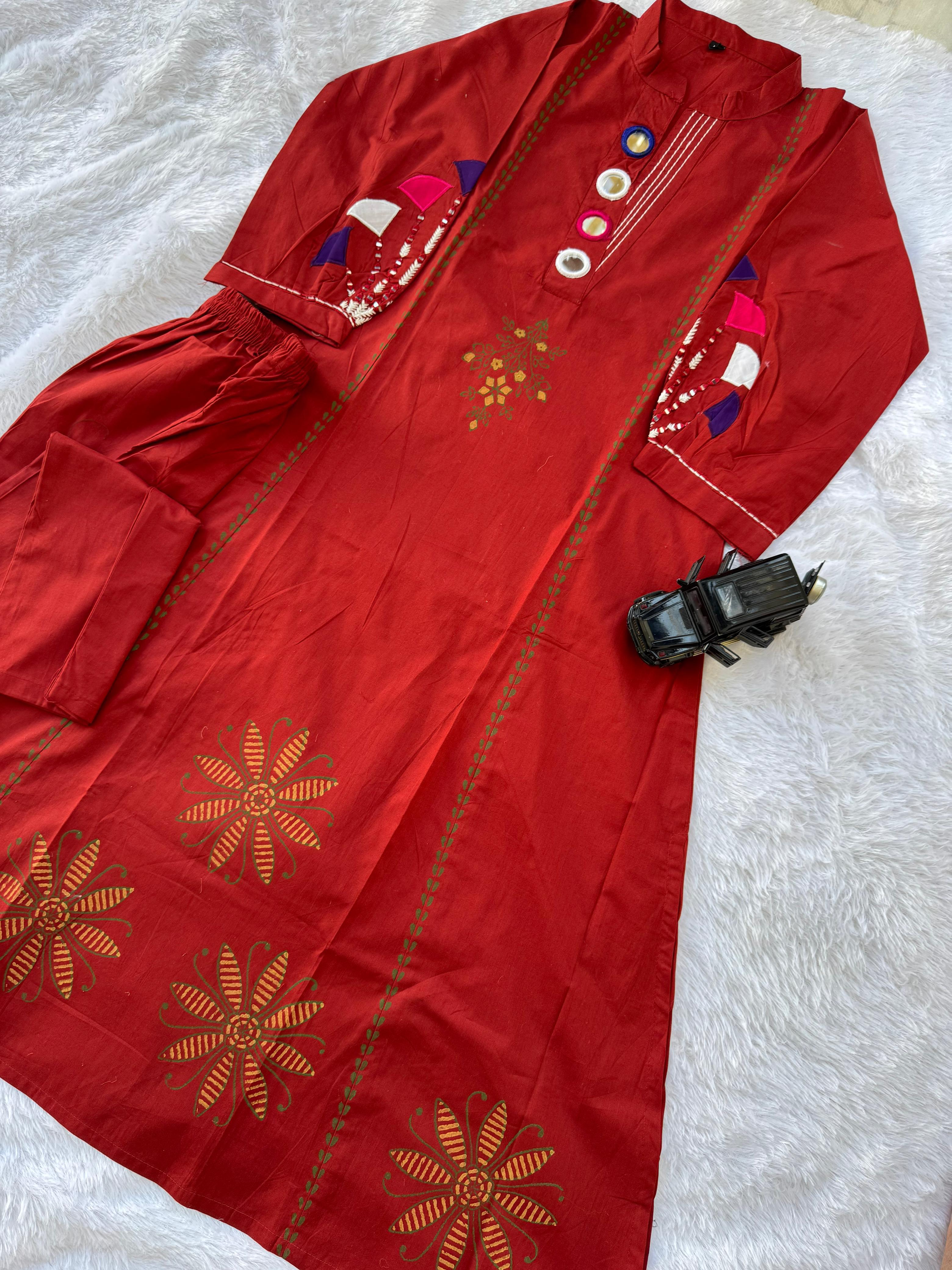 Red Cotton A-Line Kurti Pant Set with Mirror Work