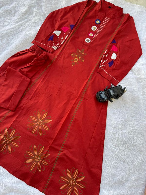 Red Cotton A-Line Kurti Pant Set with Mirror Work
