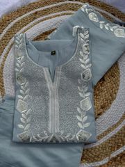 Ice Blue Embroidered Roman Silk Kurti Set Online - Blue