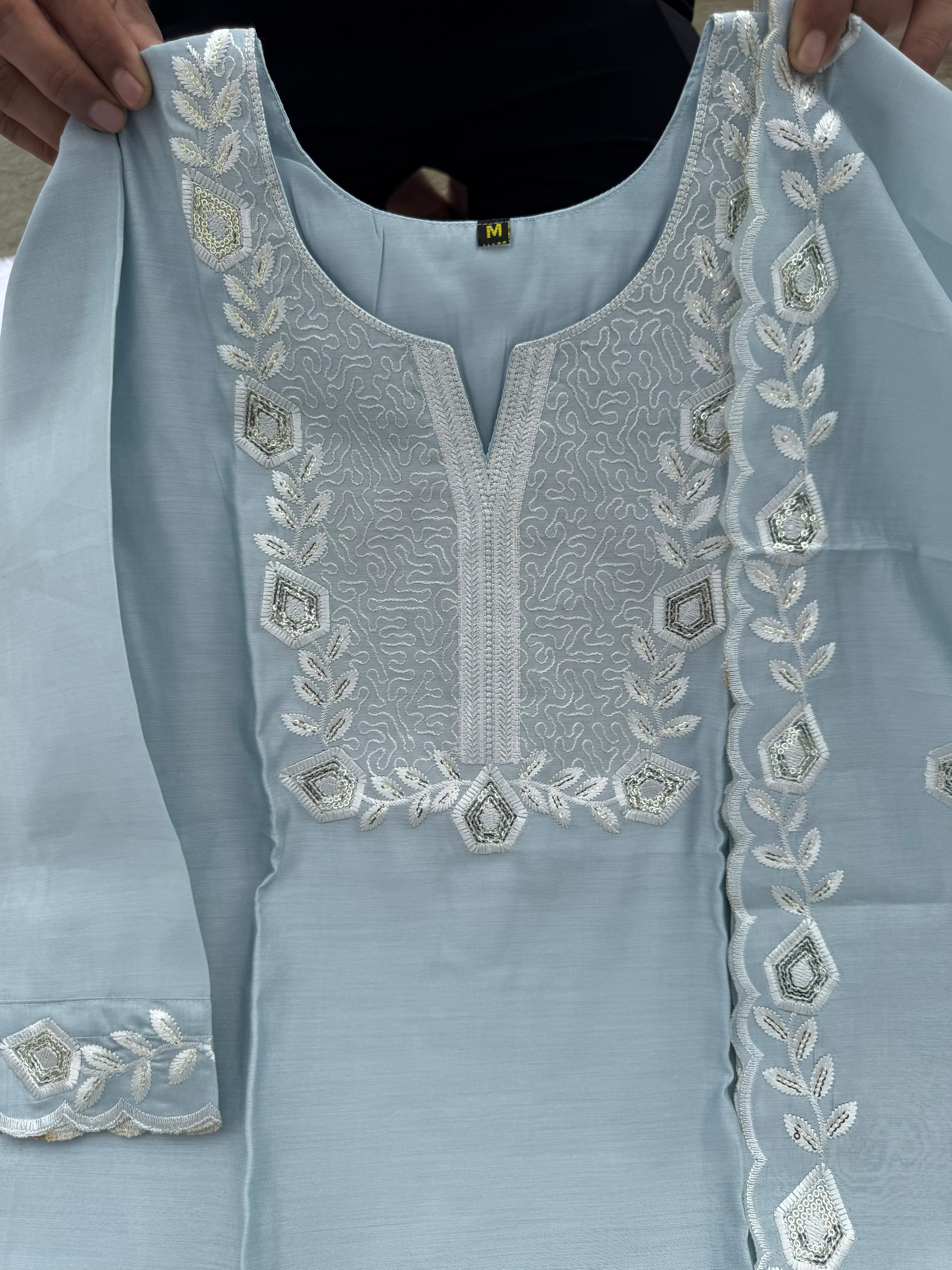 Ice Blue Embroidered Roman Silk Kurti Set Online