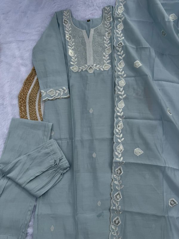 Ice Blue Embroidered Roman Silk Kurti Set Online