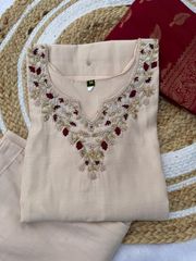 Cream Handwork Roman Silk Kurti Pant Dupatta Set - Cream