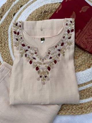 Cream Handwork Roman Silk Kurti Pant Dupatta Set