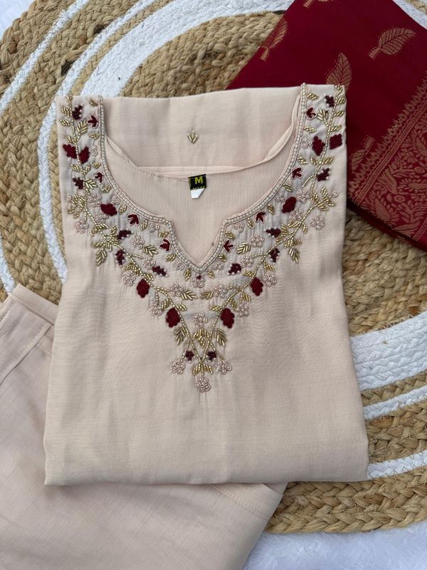 Cream Handwork Roman Silk Kurti Pant Dupatta Set