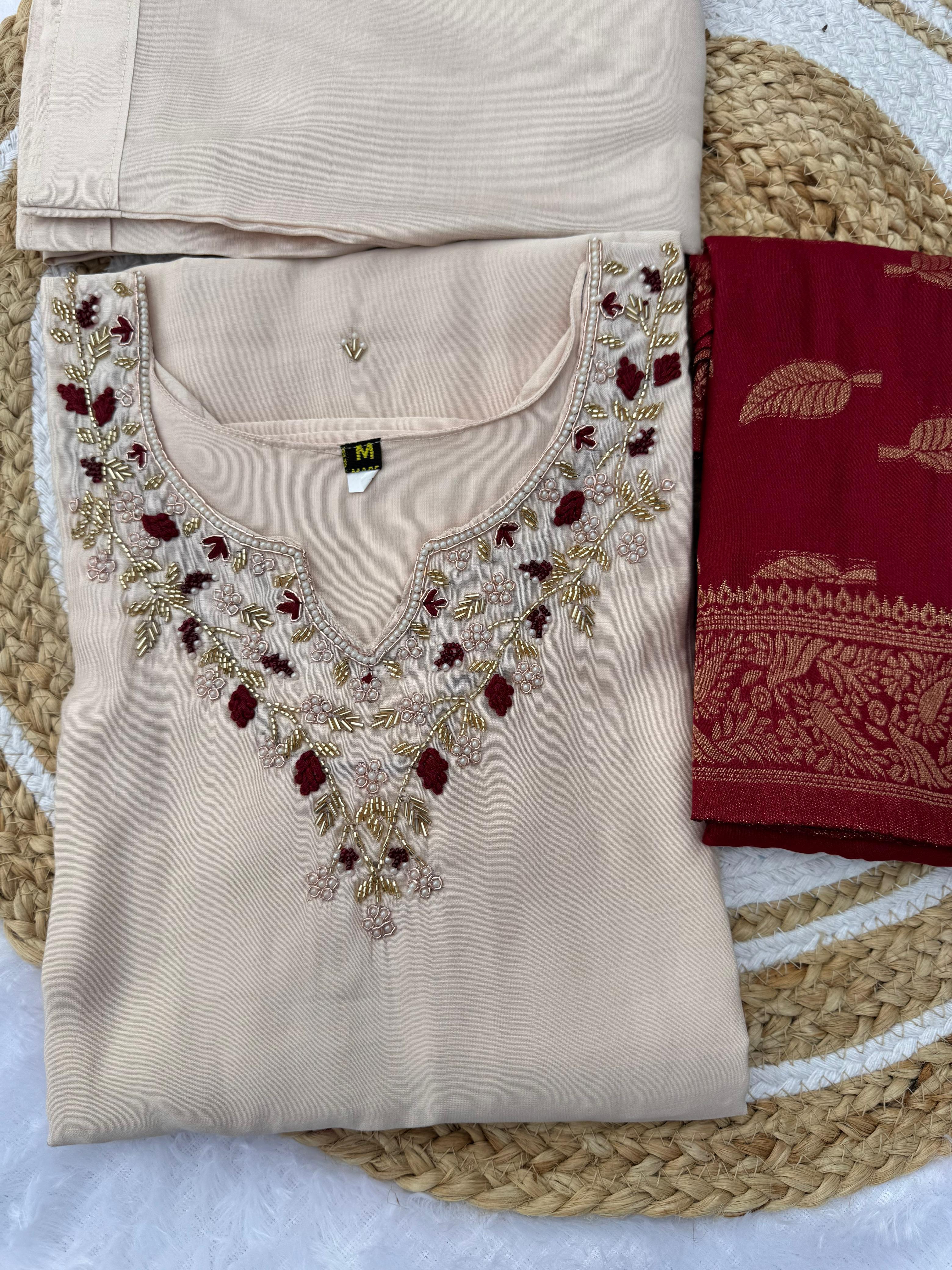 Cream Handwork Roman Silk Kurti Pant Dupatta Set