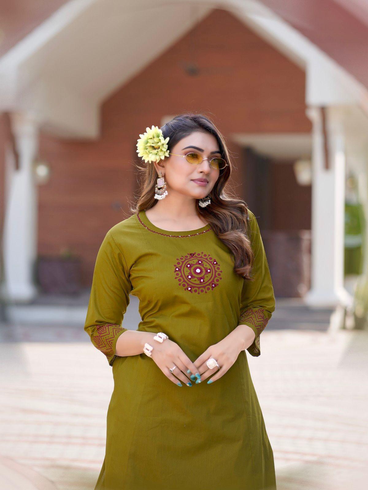 Olive Green A-Line Cotton Kurti Pant Set for Women