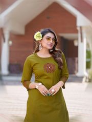 Olive Green A-Line Cotton Kurti Pant Set for Women - Green