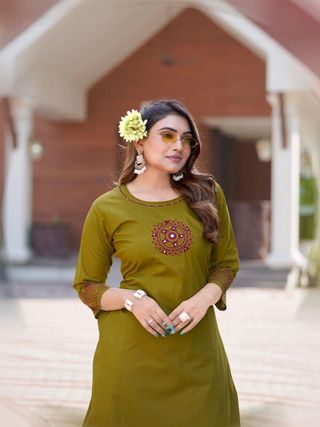 Olive Green A-Line Cotton Kurti Pant Set for Women