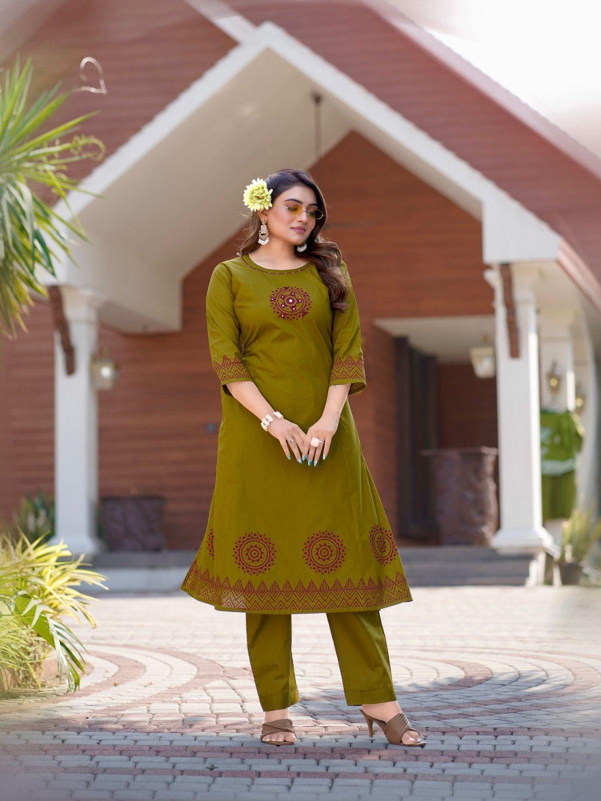 Olive Green A-Line Cotton Kurti Pant Set for Women