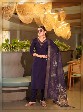 Royal Purple Embroidered Kurti Set with Dupatta