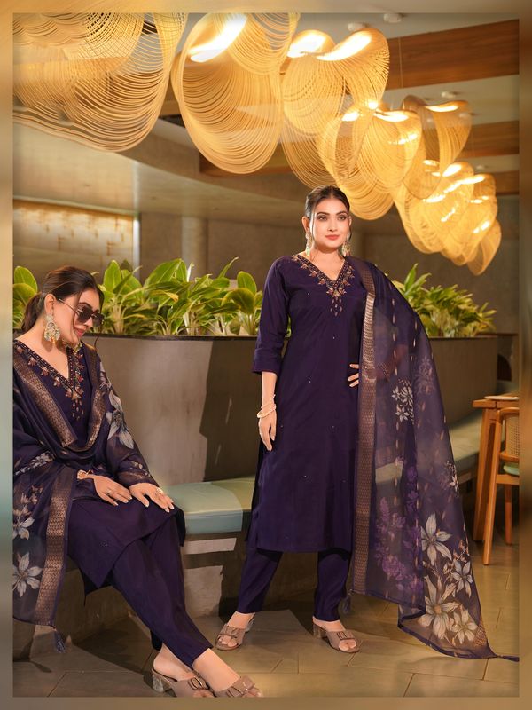 Royal Purple Embroidered Kurti Set with Dupatta