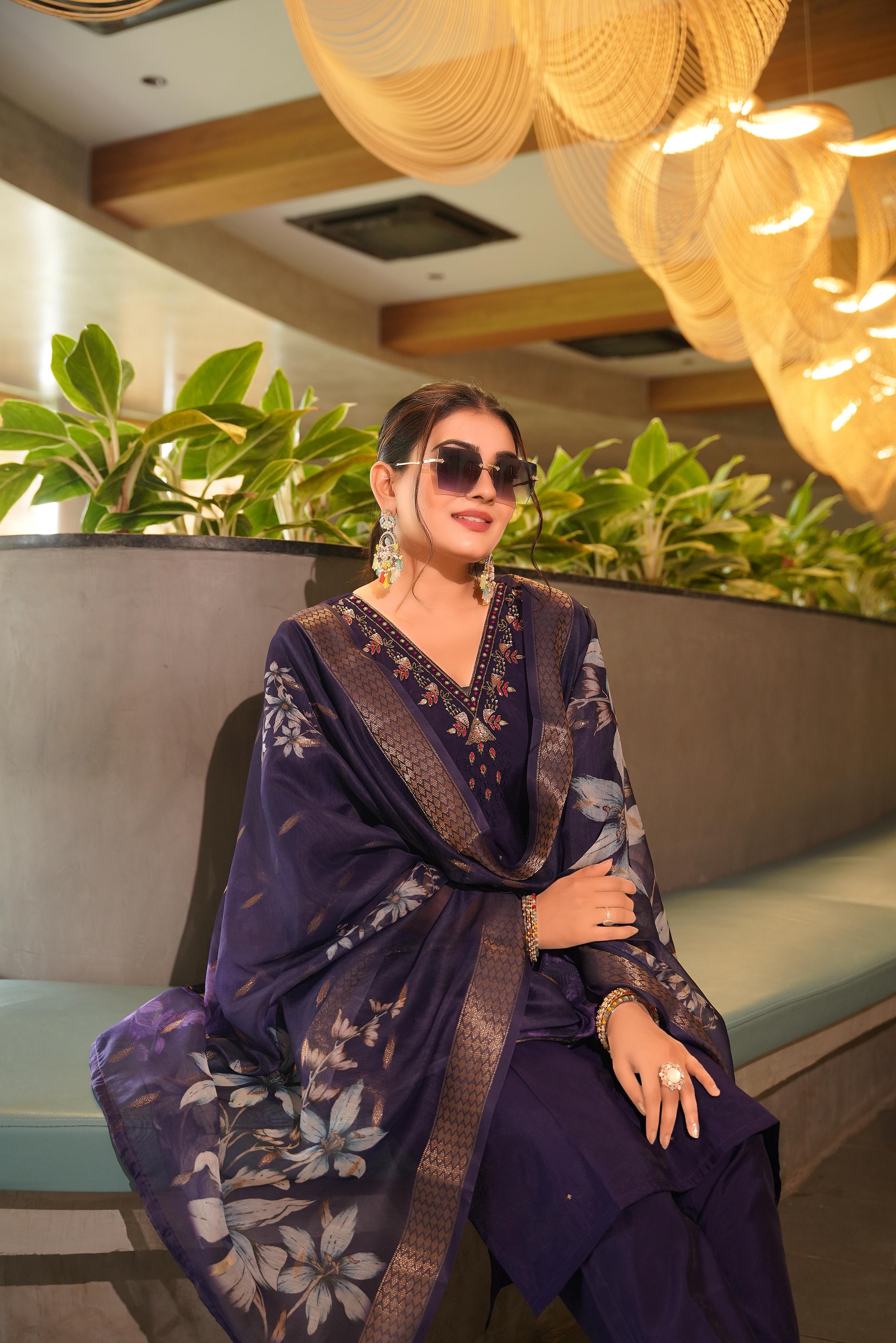 Royal Purple Embroidered Kurti Set with Dupatta