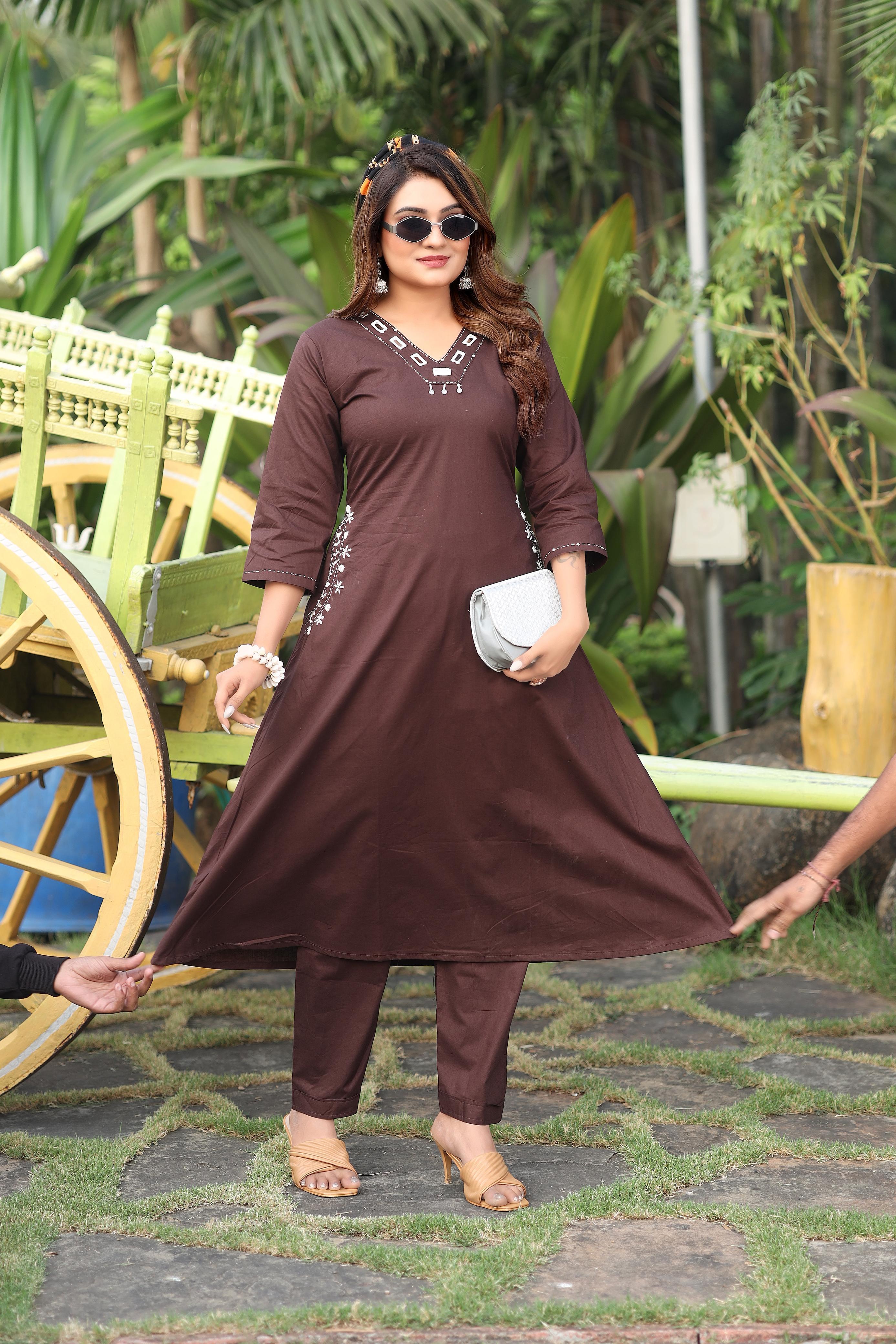Brown Cotton A-Line Kurti Pant Set with Mirror Work