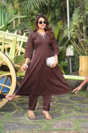 Brown Cotton A-Line Kurti Pant Set with Mirror Work - Brown