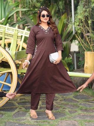 Brown Cotton A-Line Kurti Pant Set with Mirror Work