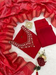 Red Embroidered Roman Silk Kurti Pant Dupatta Set - Red