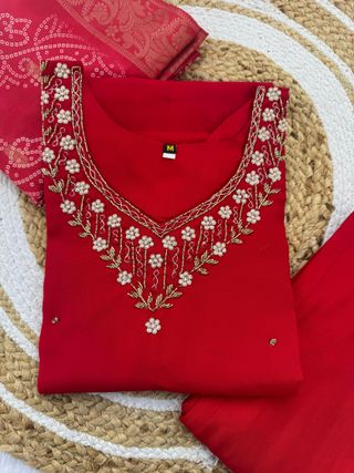Red Embroidered Roman Silk Kurti Pant Dupatta Set