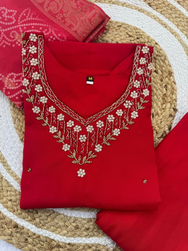 Red Embroidered Roman Silk Kurti Pant Dupatta Set