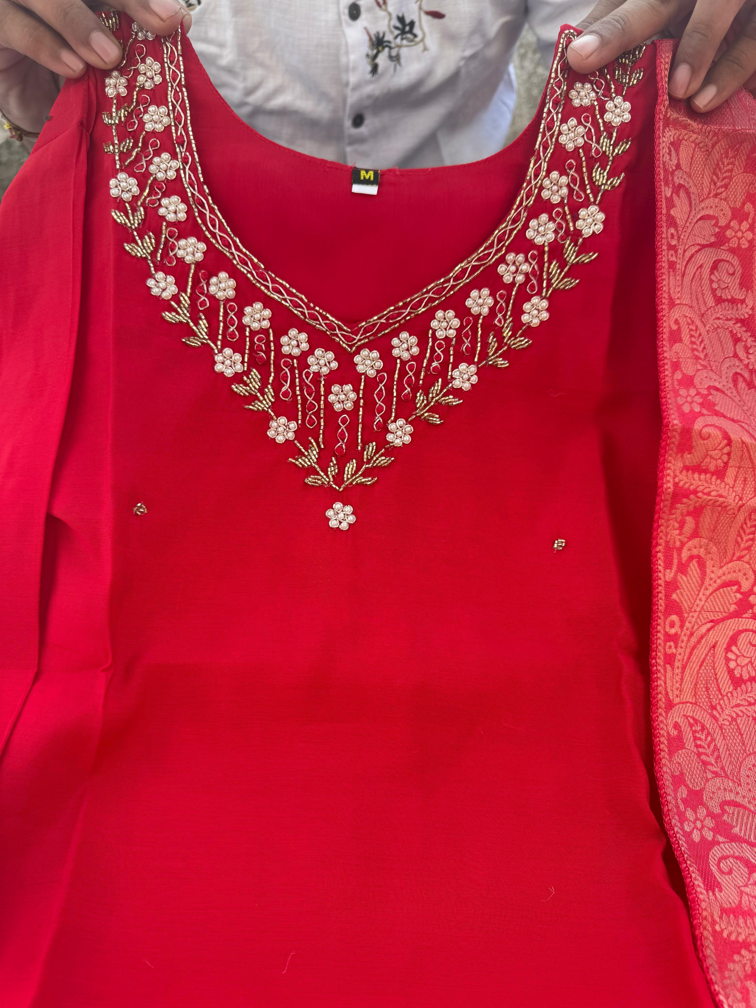 Red Embroidered Roman Silk Kurti Pant Dupatta Set