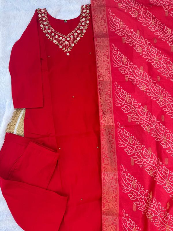 Red Embroidered Roman Silk Kurti Pant Dupatta Set