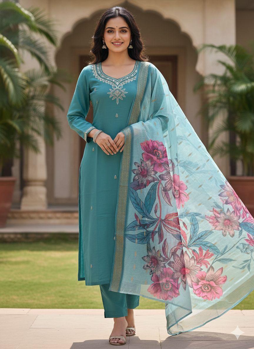 eal Green Embroidered Roman Silk Kurti Set Dupatta