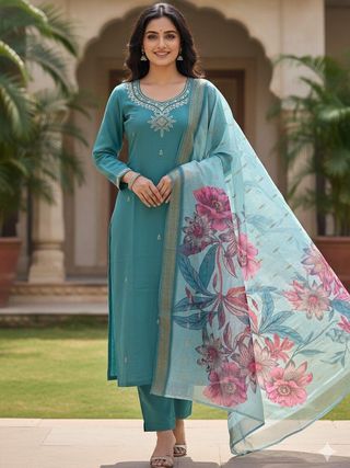 eal Green Embroidered Roman Silk Kurti Set Dupatta