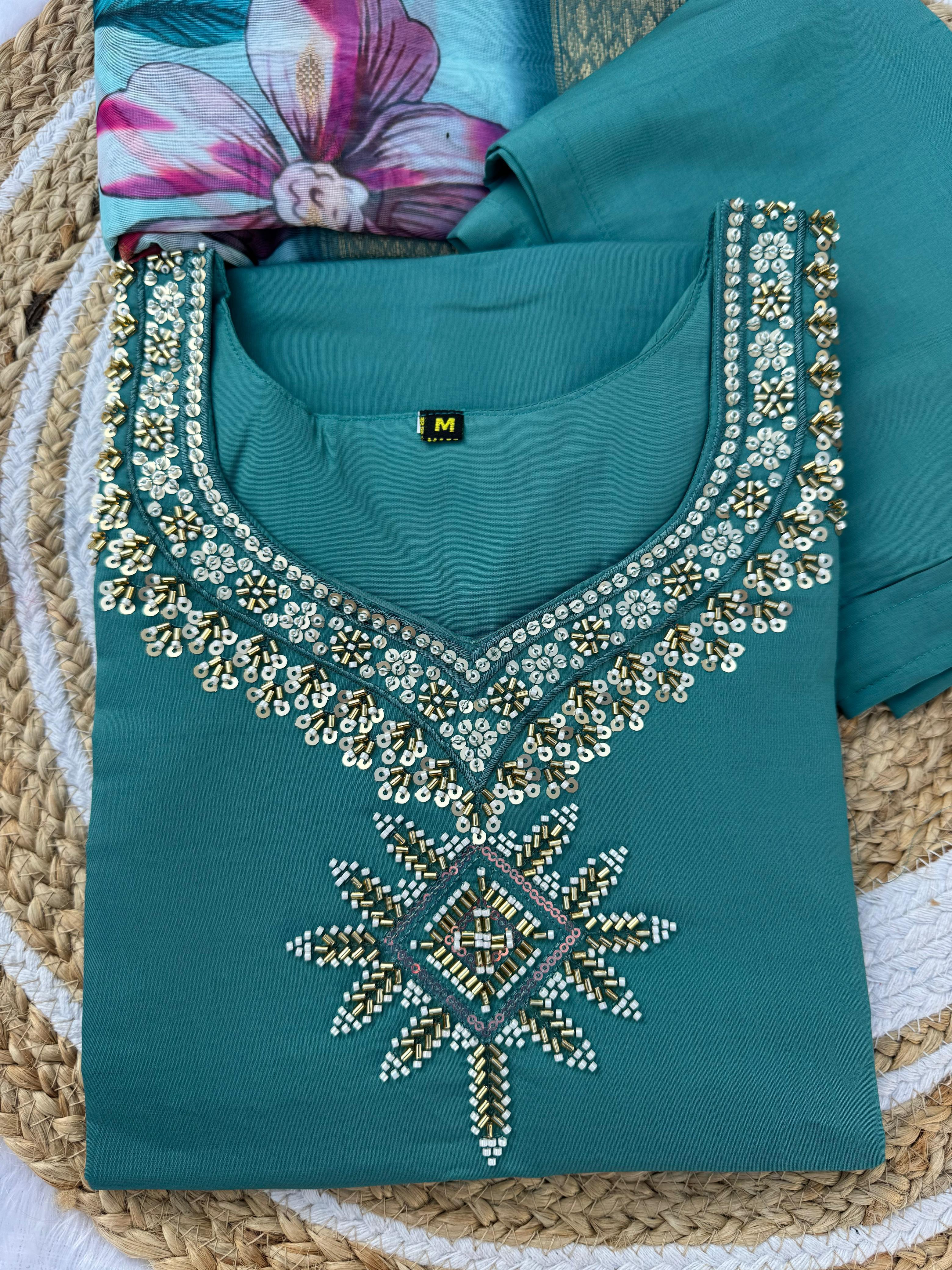 eal Green Embroidered Roman Silk Kurti Set Dupatta