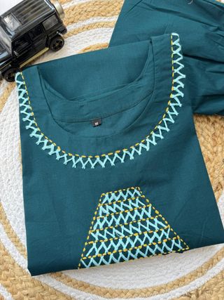 Teal Cotton A-Line Kurti Pant Set with Hand
