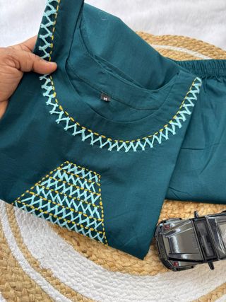Teal Cotton A-Line Kurti Pant Set with Hand