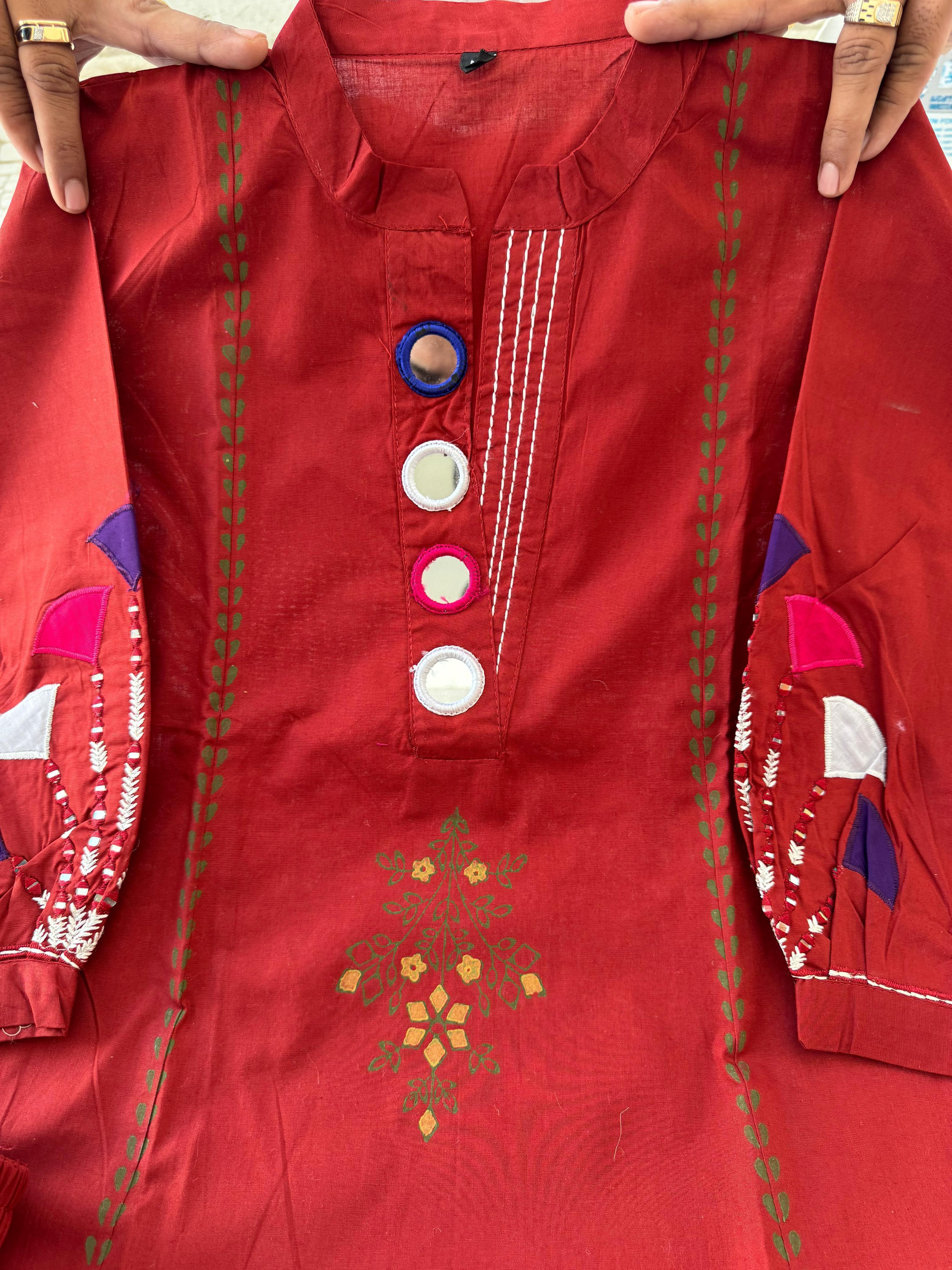 Red Cotton A-Line Kurti Set with Mirror Work Design