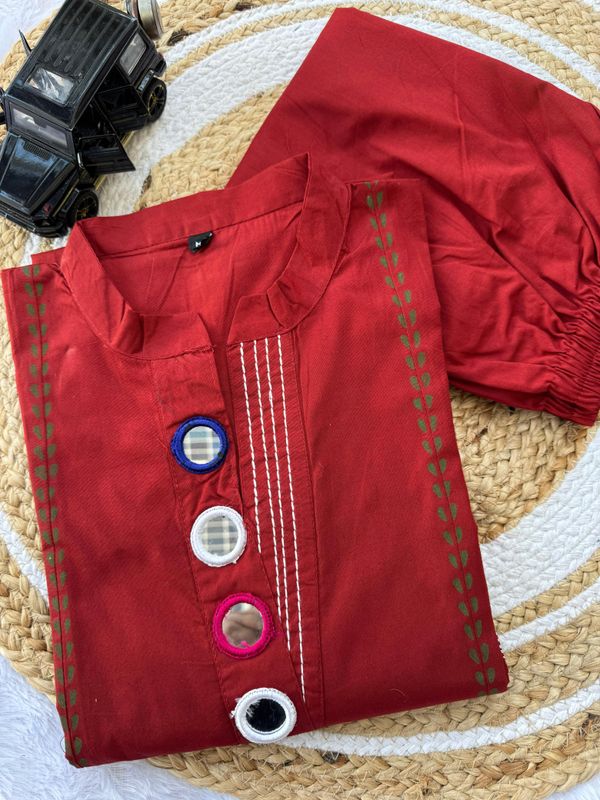 Red Cotton A-Line Kurti Set with Mirror Work Design