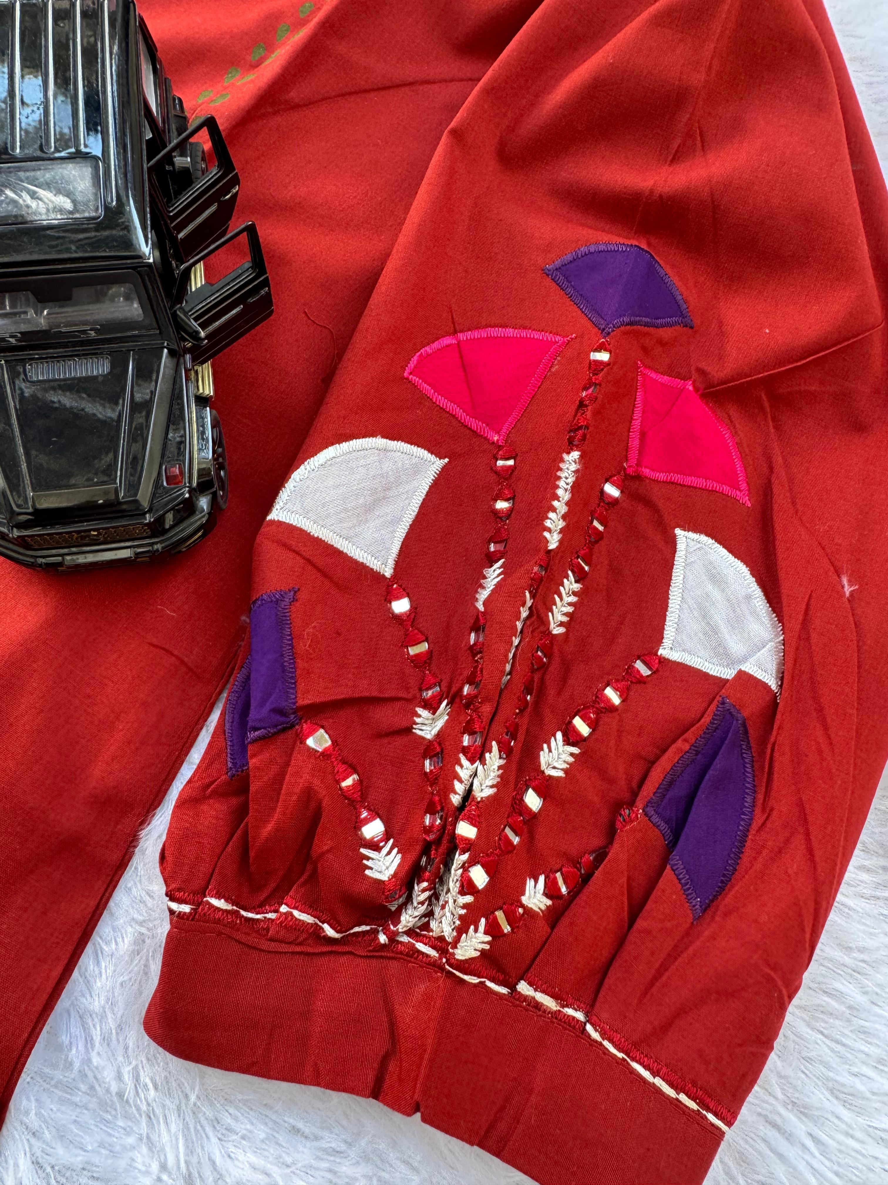 Red Cotton A-Line Kurti Set with Mirror Work Design