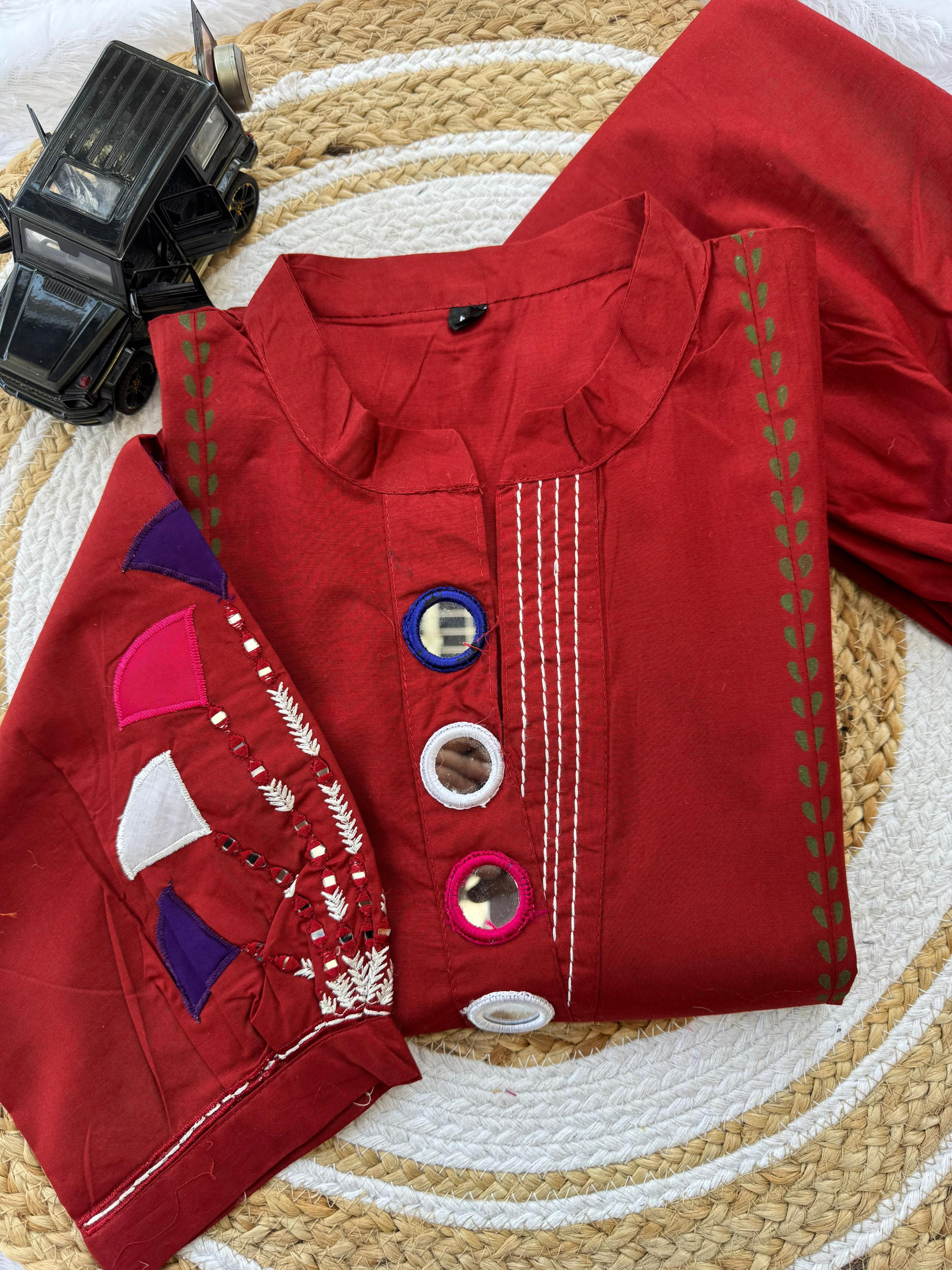 Red Cotton A-Line Kurti Set with Mirror Work Design