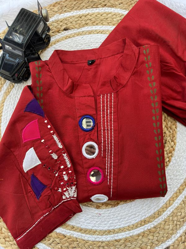 Red Cotton A-Line Kurti Set with Mirror Work Design