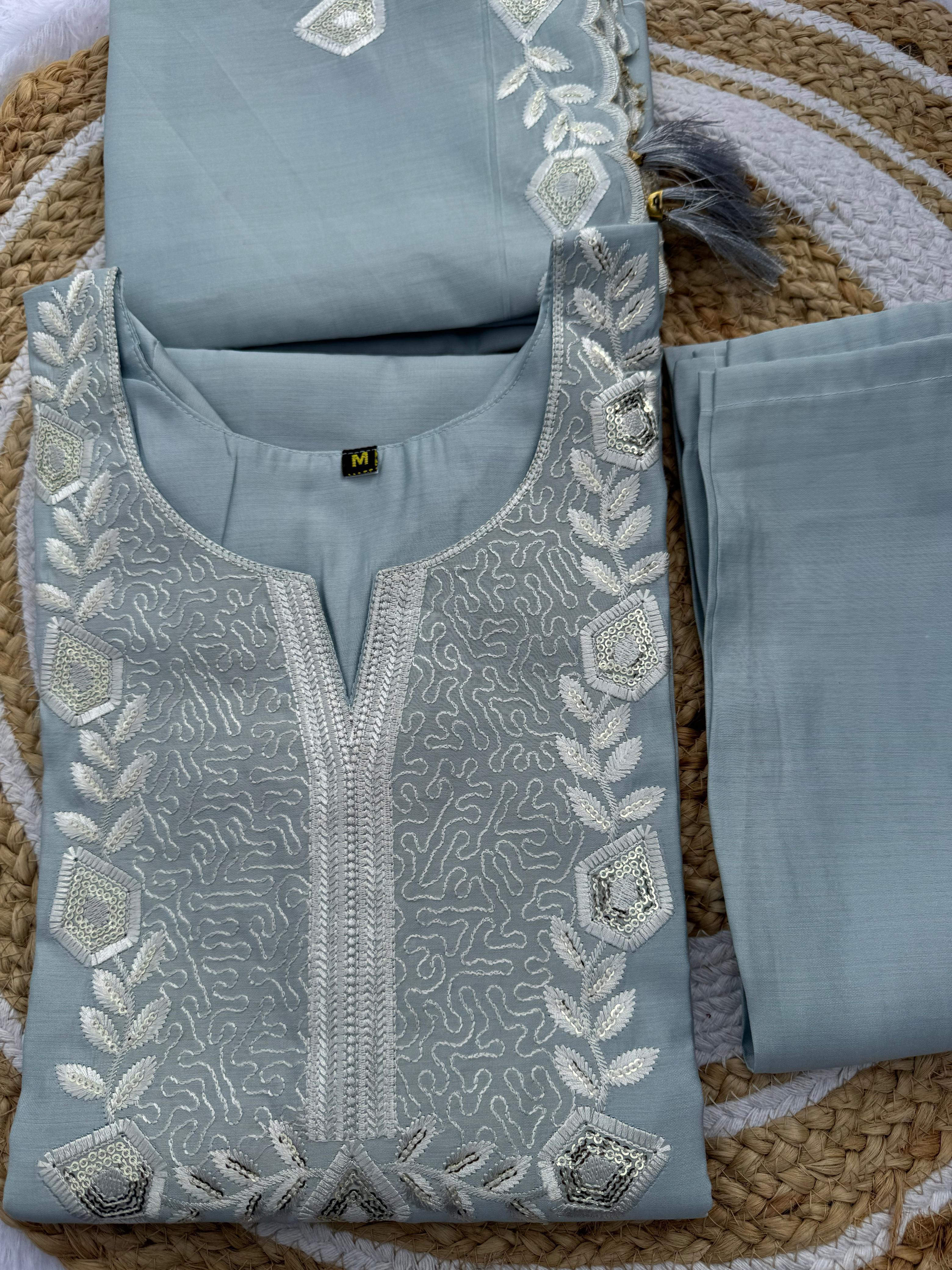 Pastel Blue Embroidered Silk Kurti Set with Dupatta
