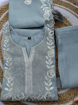 Pastel Blue Embroidered Silk Kurti Set with Dupatta
