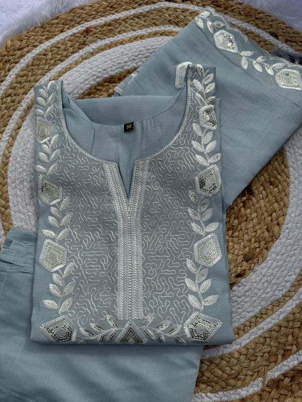 Pastel Blue Embroidered Silk Kurti Set With Dupatta
