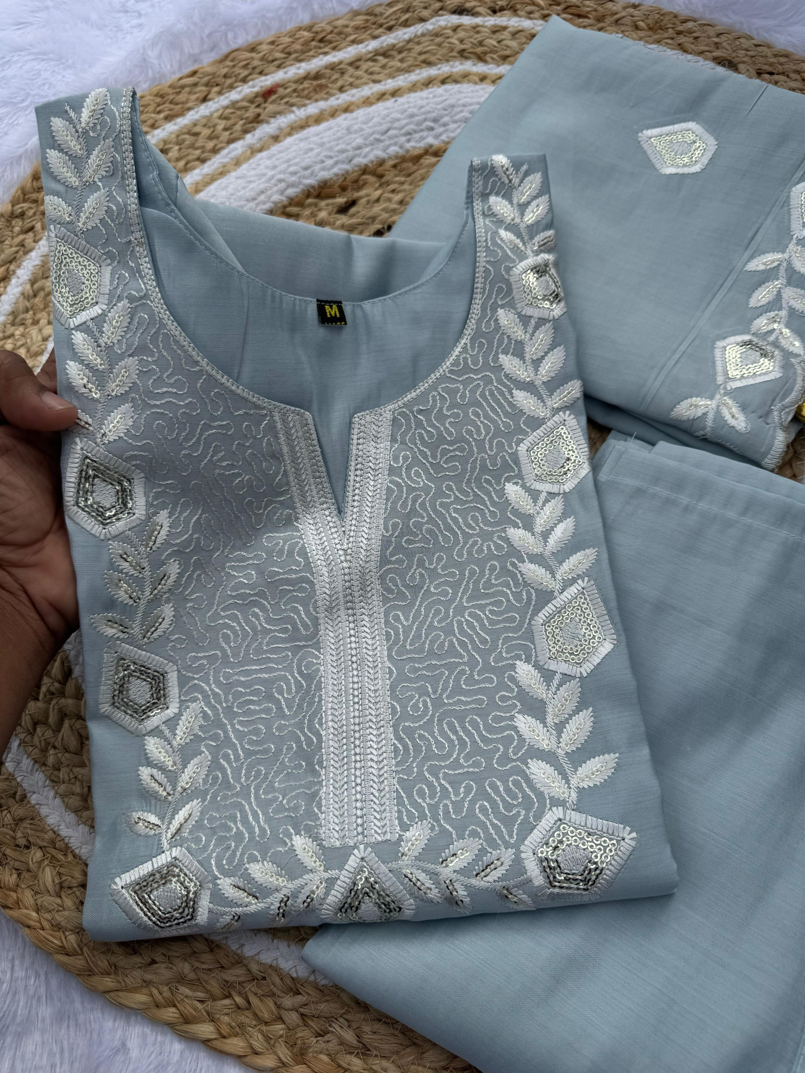Pastel Blue Embroidered Silk Kurti Set with Dupatta