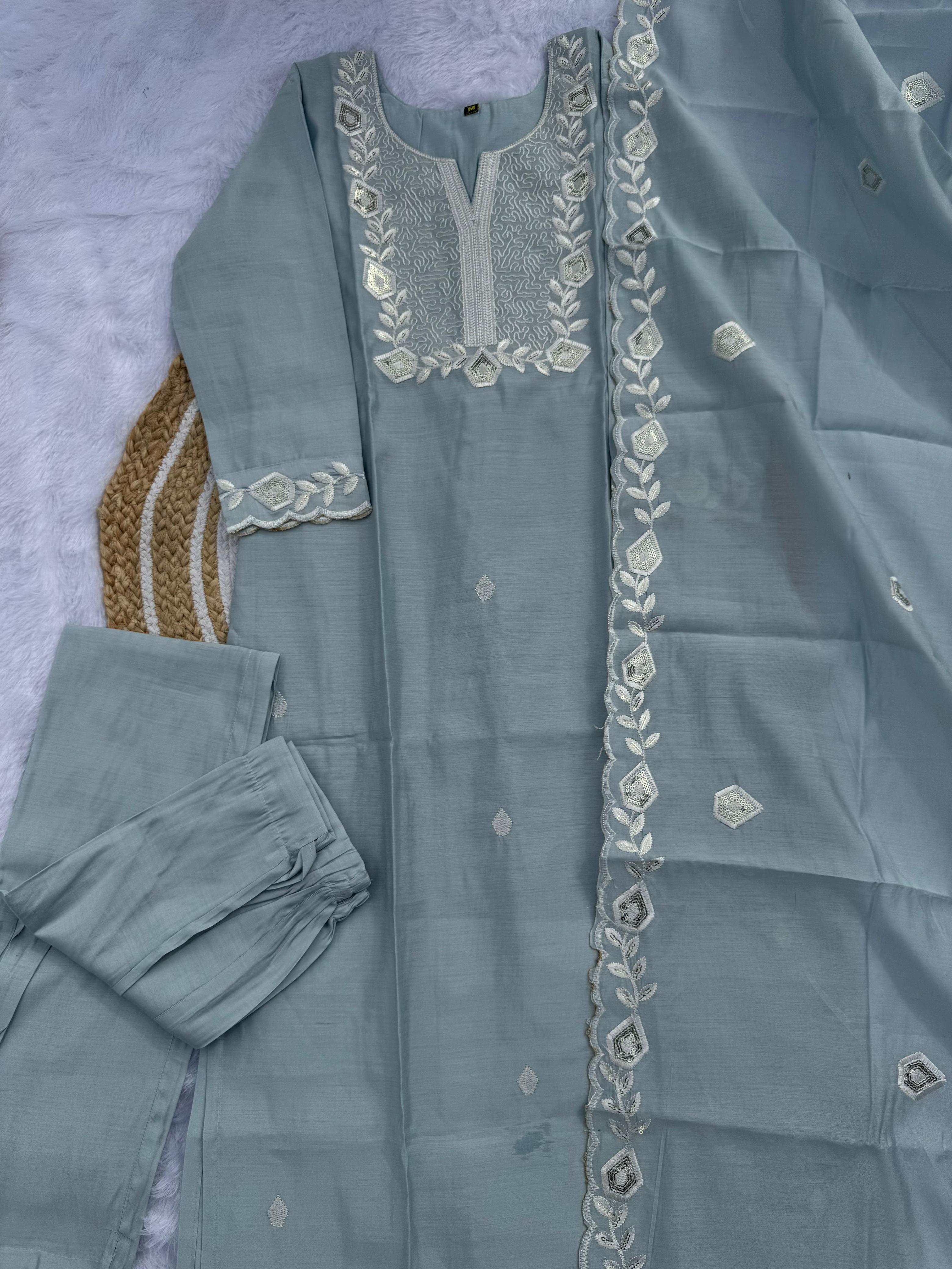 Pastel Blue Embroidered Silk Kurti Set with Dupatta