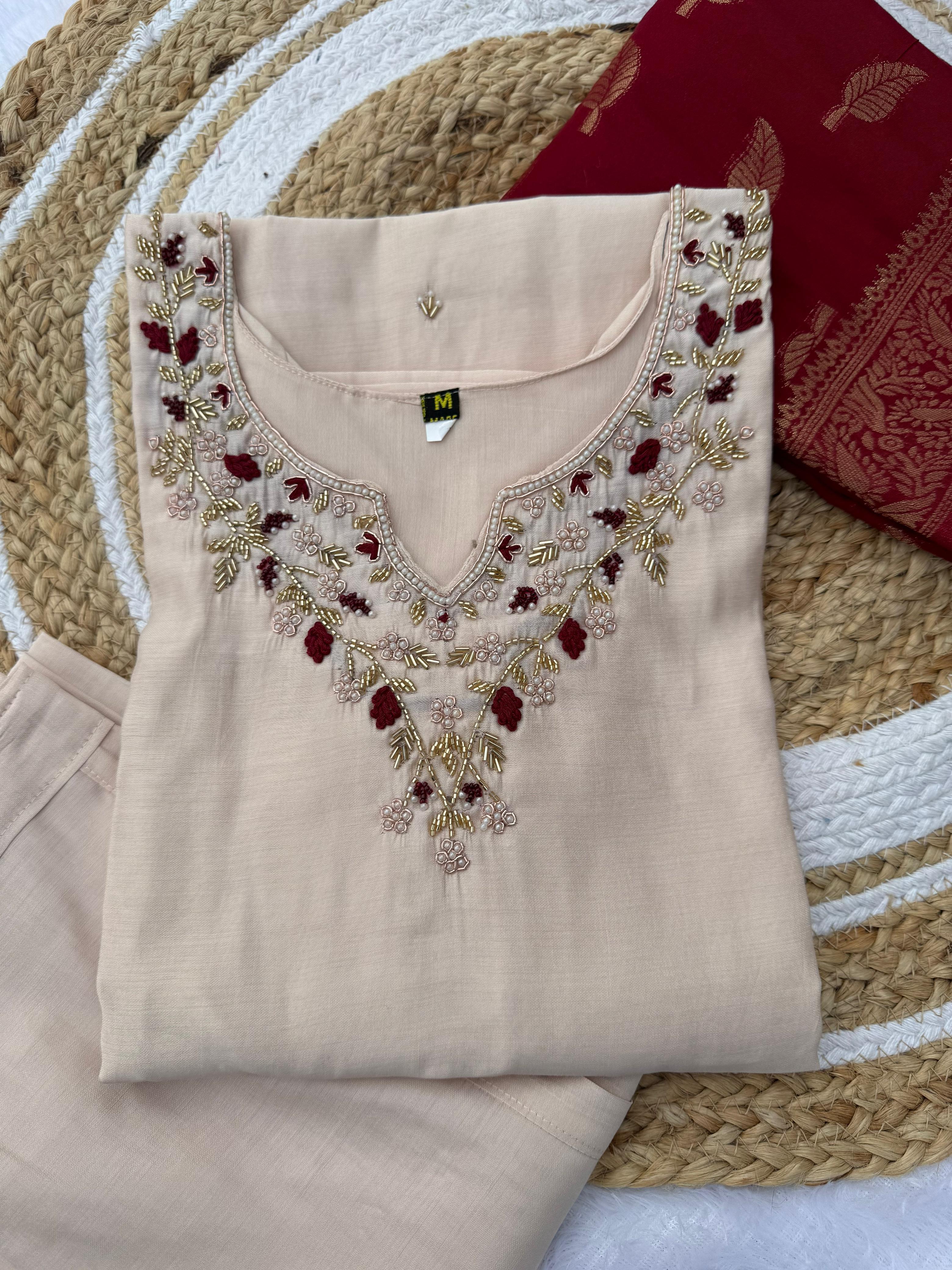 Cream Handwork Silk Kurti Pant Set with Red Dupatta