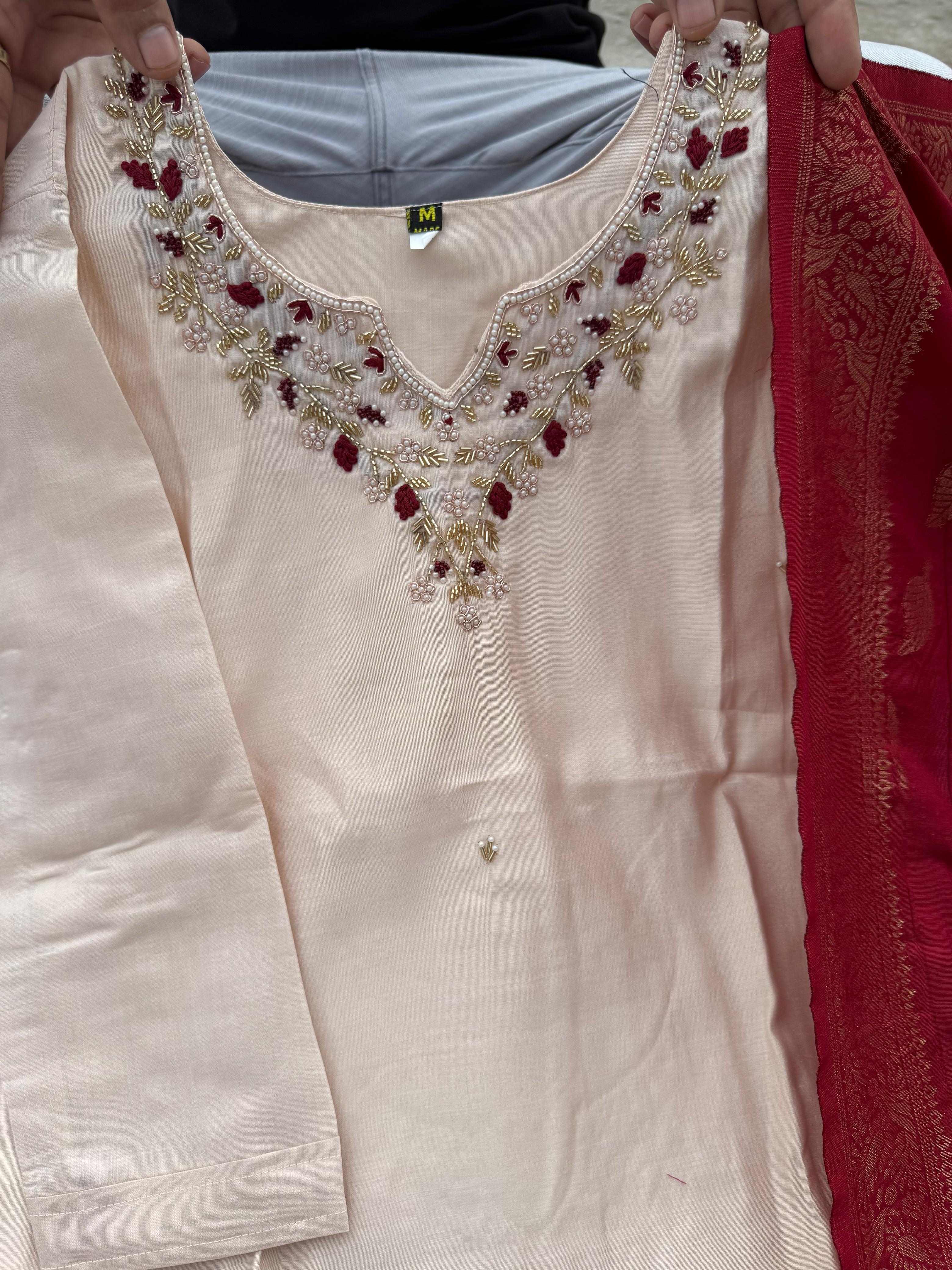 Cream Handwork Silk Kurti Pant Set with Red Dupatta