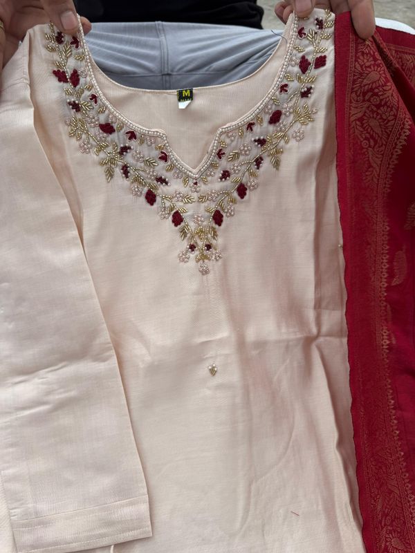 Cream Handwork Silk Kurti Pant Set with Red Dupatta