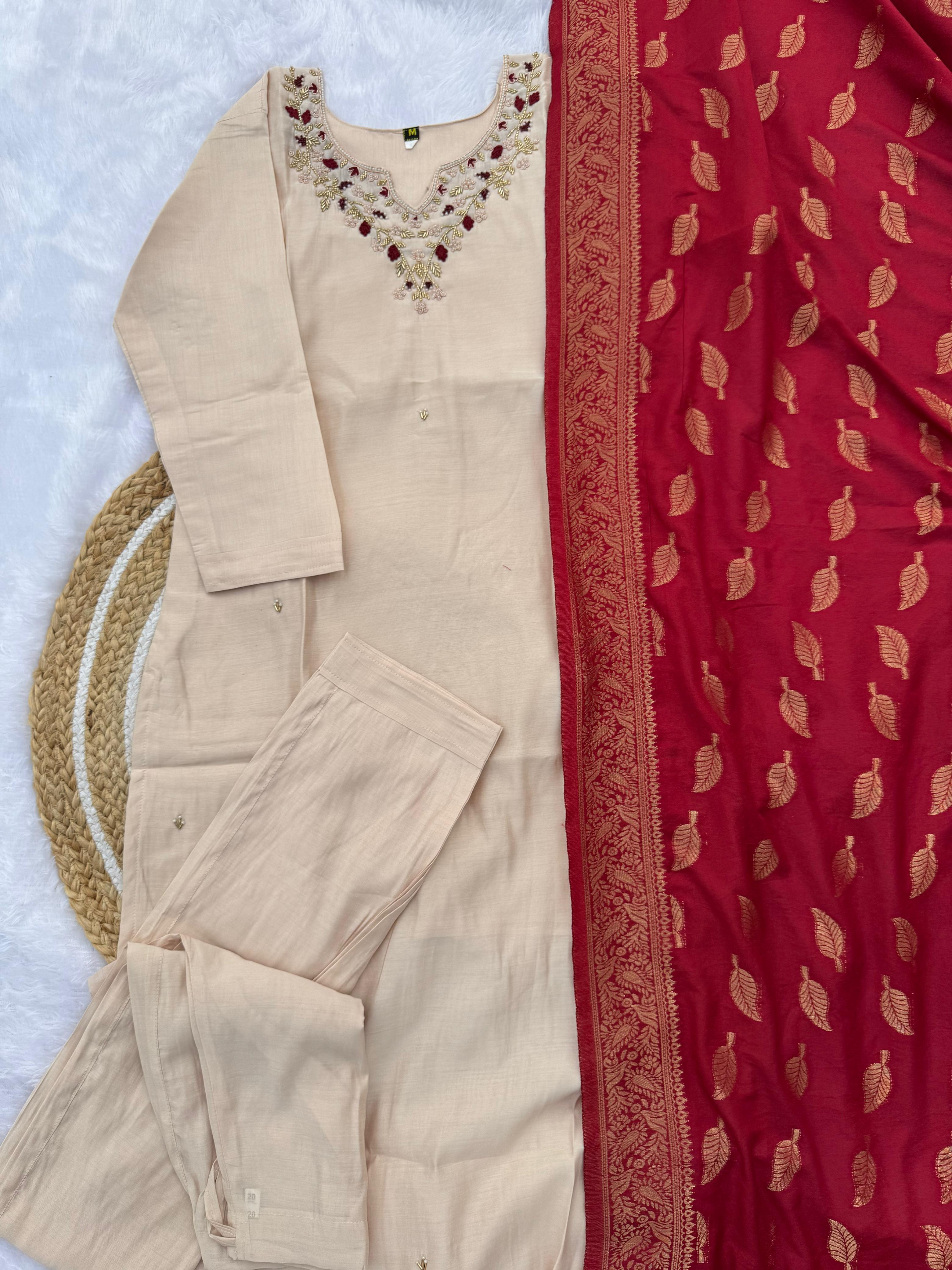 Cream Handwork Silk Kurti Pant Set with Red Dupatta