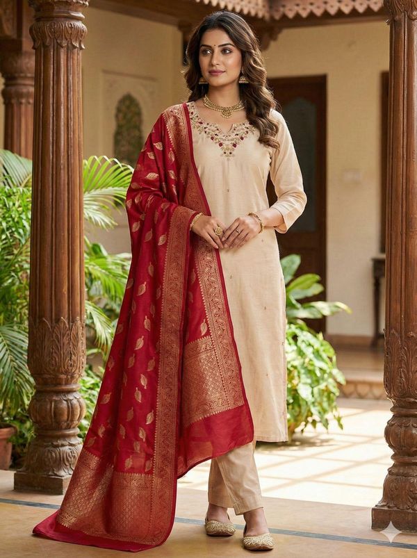 Cream Handwork Silk Kurti Pant Set with Red Dupatta