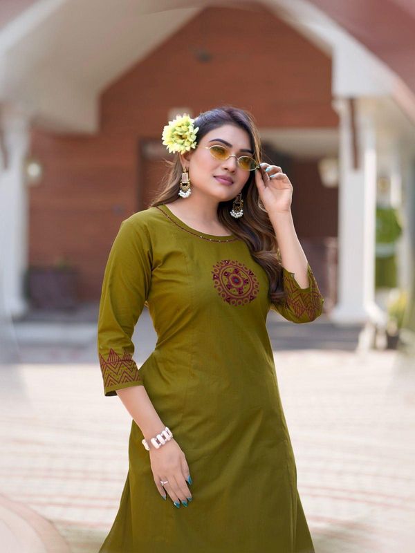 Olive Green A-Line Cotton Kurti Pant Set for Women