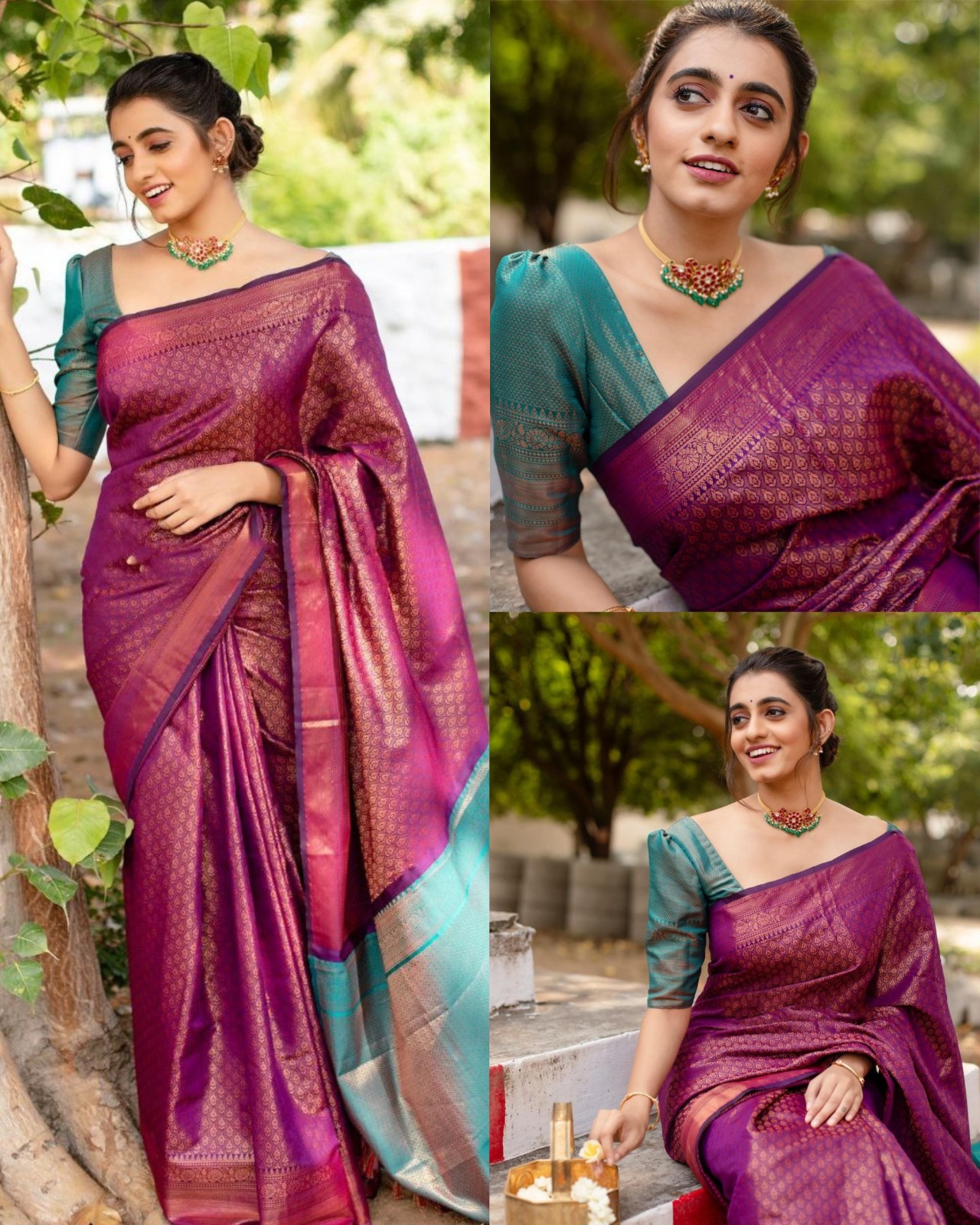 Magenta Lichi Silk Saree with Copper Zari Pallu