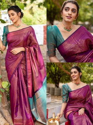 Magenta Lichi Silk Saree with Copper Zari Pallu