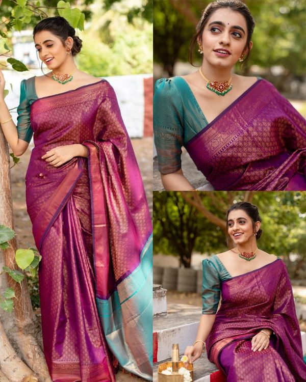 Magenta Lichi Silk Saree with Copper Zari Pallu